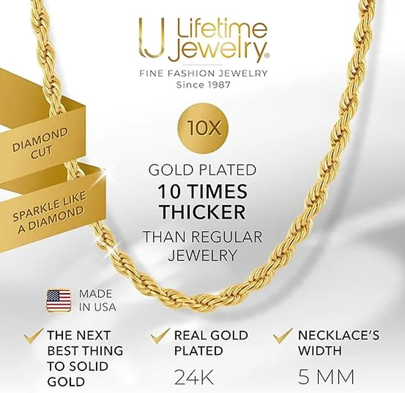 5Mm Rope Chain Necklace 24K Real Gold Plated- Women and Men (36 Inches)